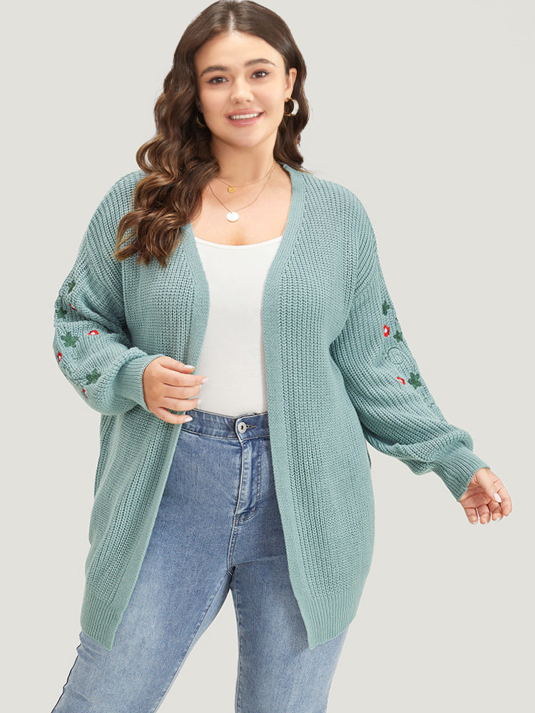 Floral Embroidered Lantern Sleeve Drop Shoulder Cardigan