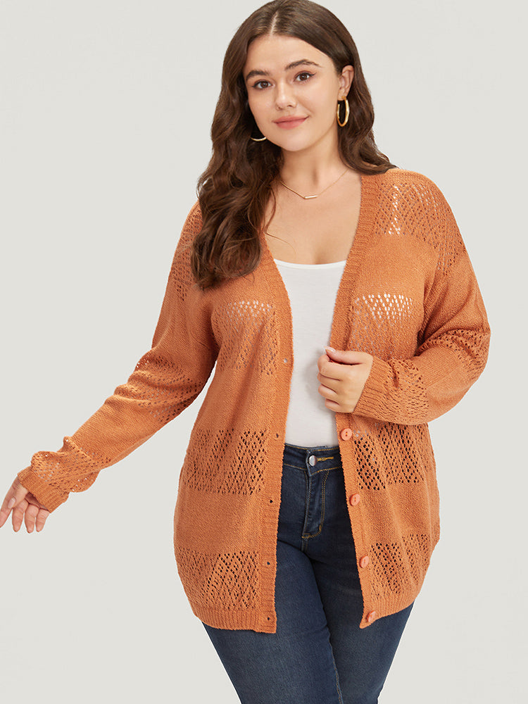 Plain Geometric Eyelet Button Through Loose Cardigan