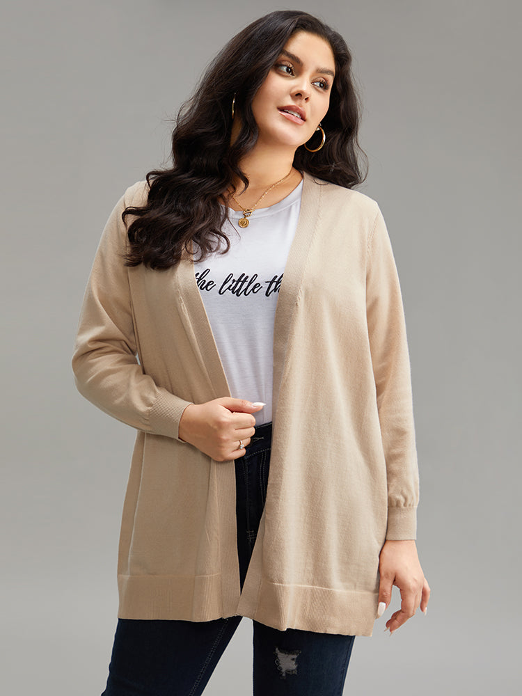 Solid Elastic Cuffs Open Front Cardigan