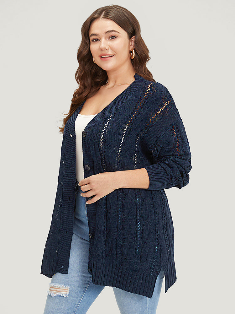 Plain Button Up Cable Knit Split Side Cardigan