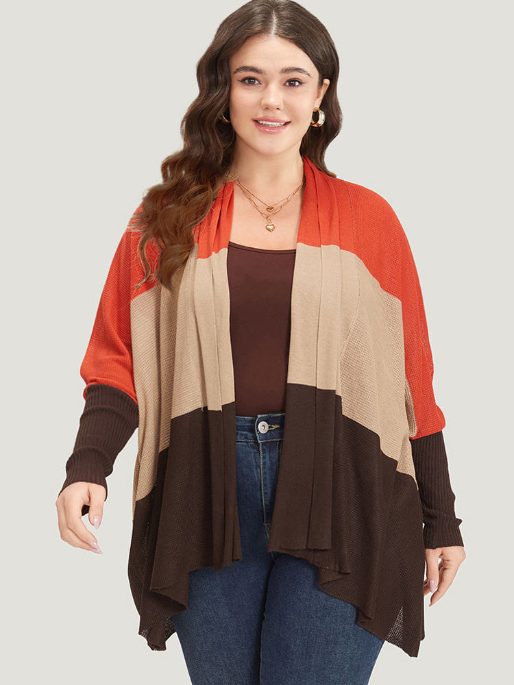 Colorblock Contrast Elastic Cuffs Open Front Cardigan