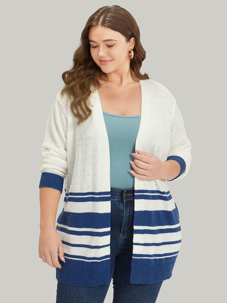 Striped Open Front Contrast Elastic Cuffs Cardigan