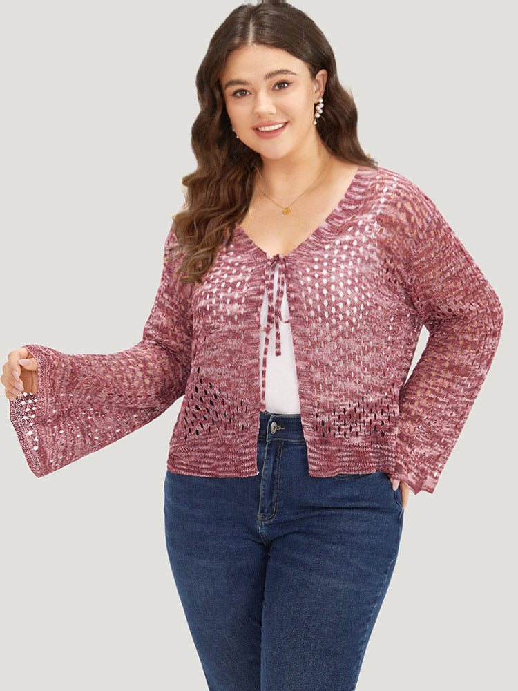 Geometric Eyelet Bell Sleeve Ties Front Cardigan