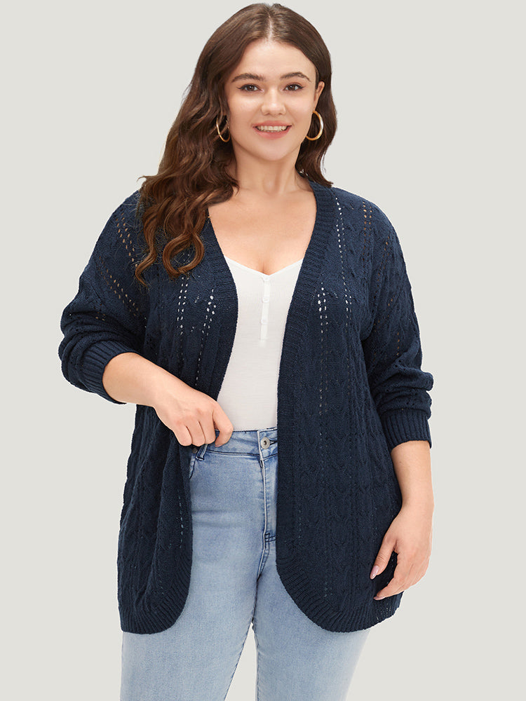 Plain Eyelet Curved Hem Drop Shoulder Cardigan