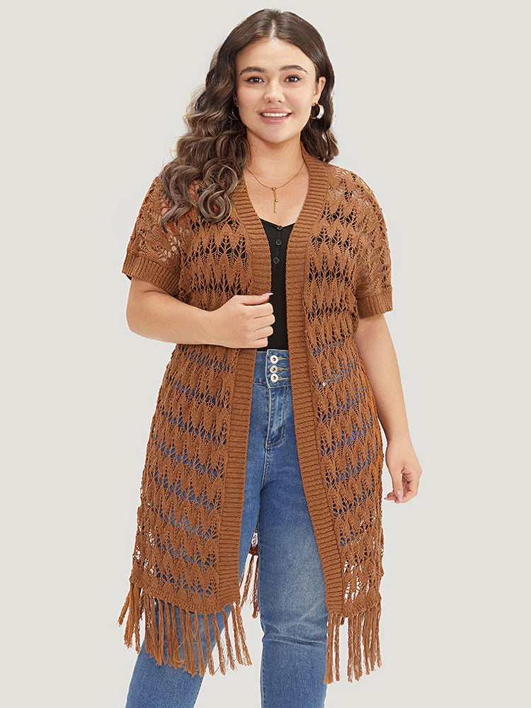 Plain Hollow Out Fringe Trim Cardigan