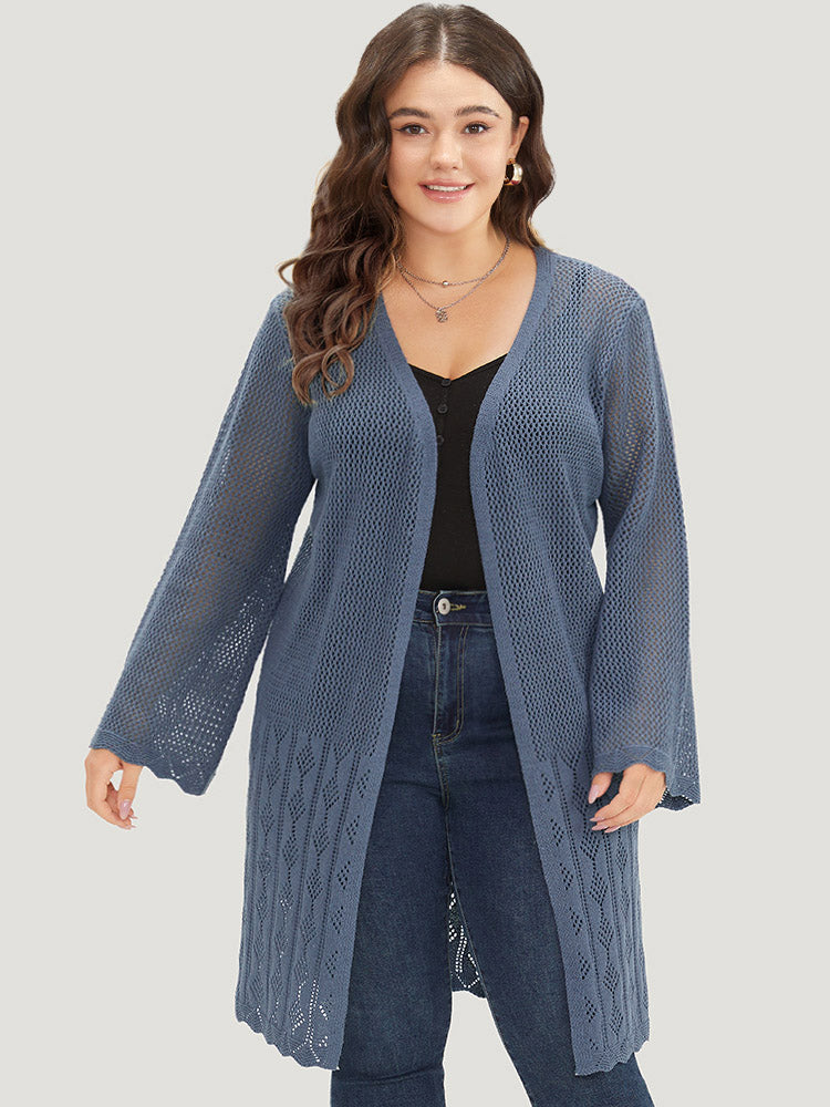 Solid Geometric Eyelet Open Front Cardigan