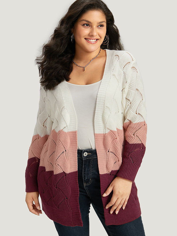 Colorblock Contrast Open Front Eyelet Cardigan