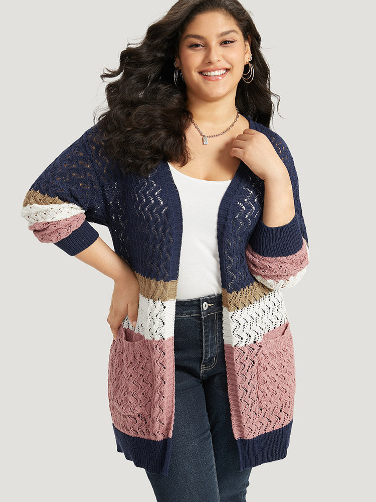 Colorblock Eyelet Patched Pocket Cardigan