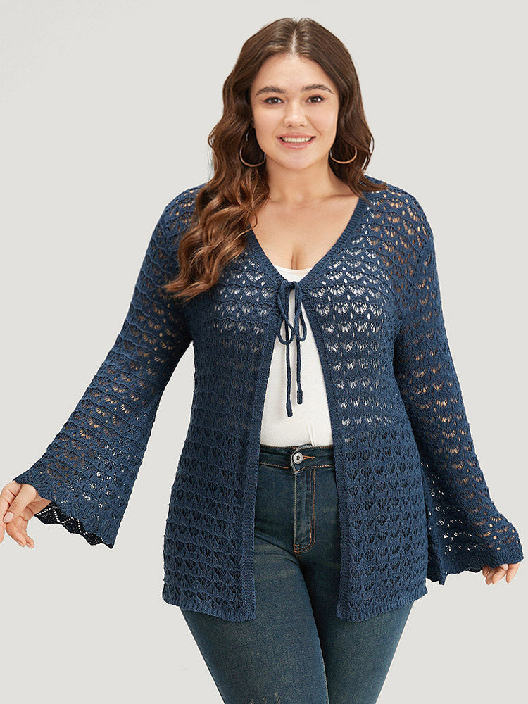 Solid Eyelet Ties Front Bell Sleeve Cardigan