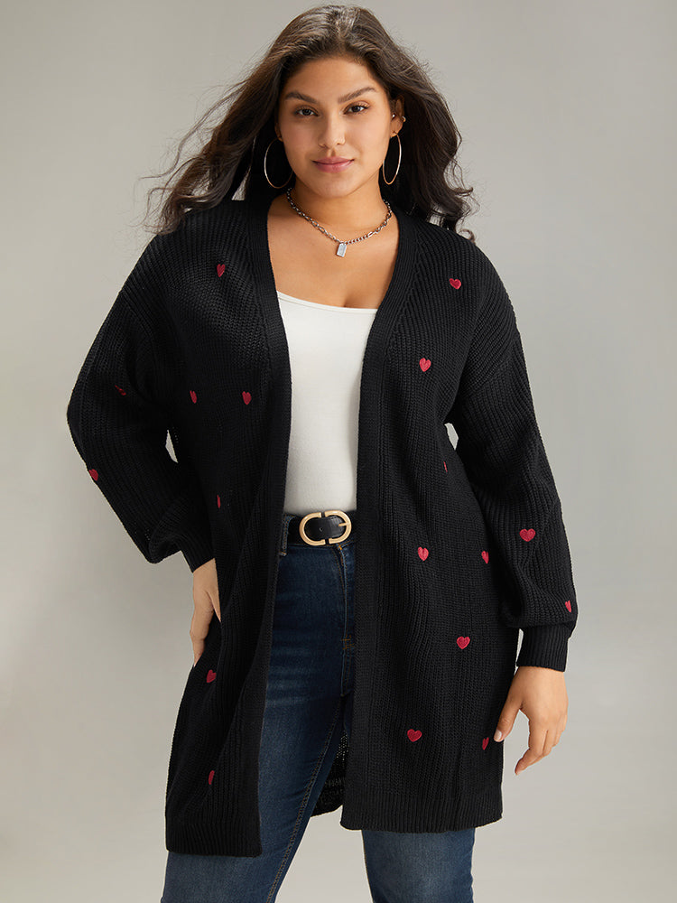 Heart Embroidered Lantern Sleeve Cardigan