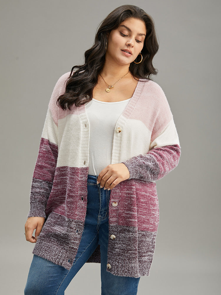 Colorblock Button Through Fuzzy Cardigan