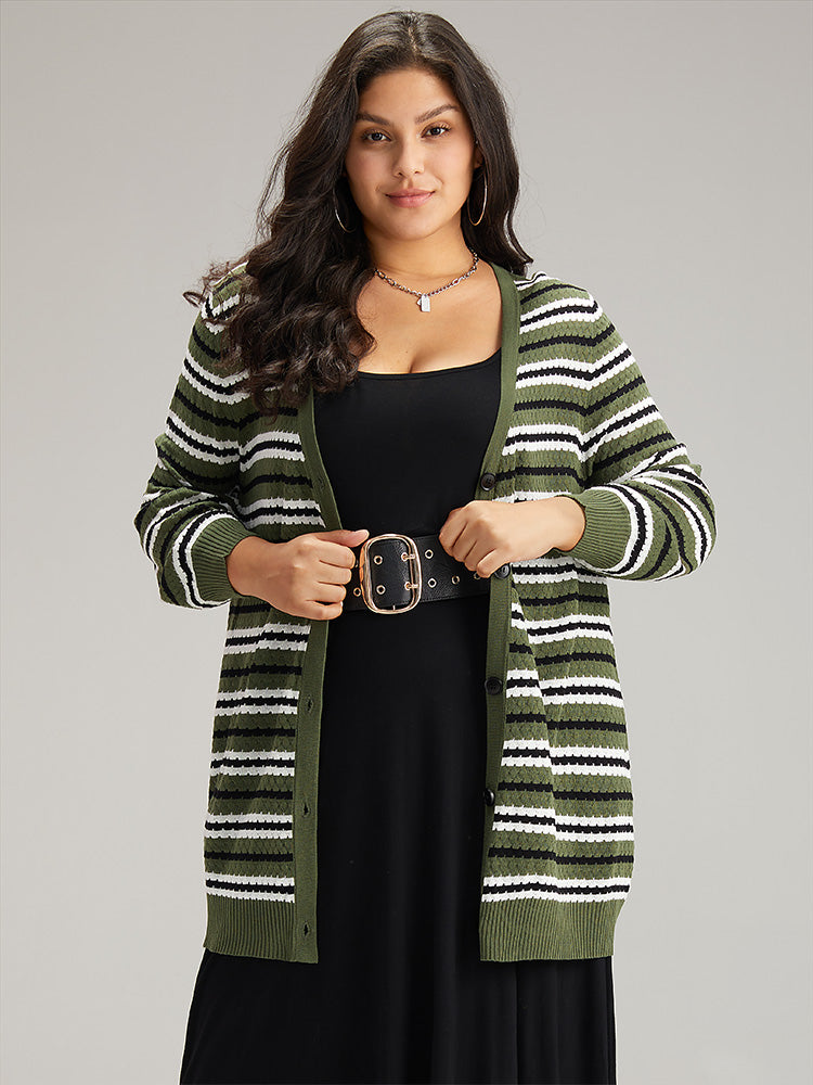 Striped Contrast Elastic Cuffs Button Through Cardigan