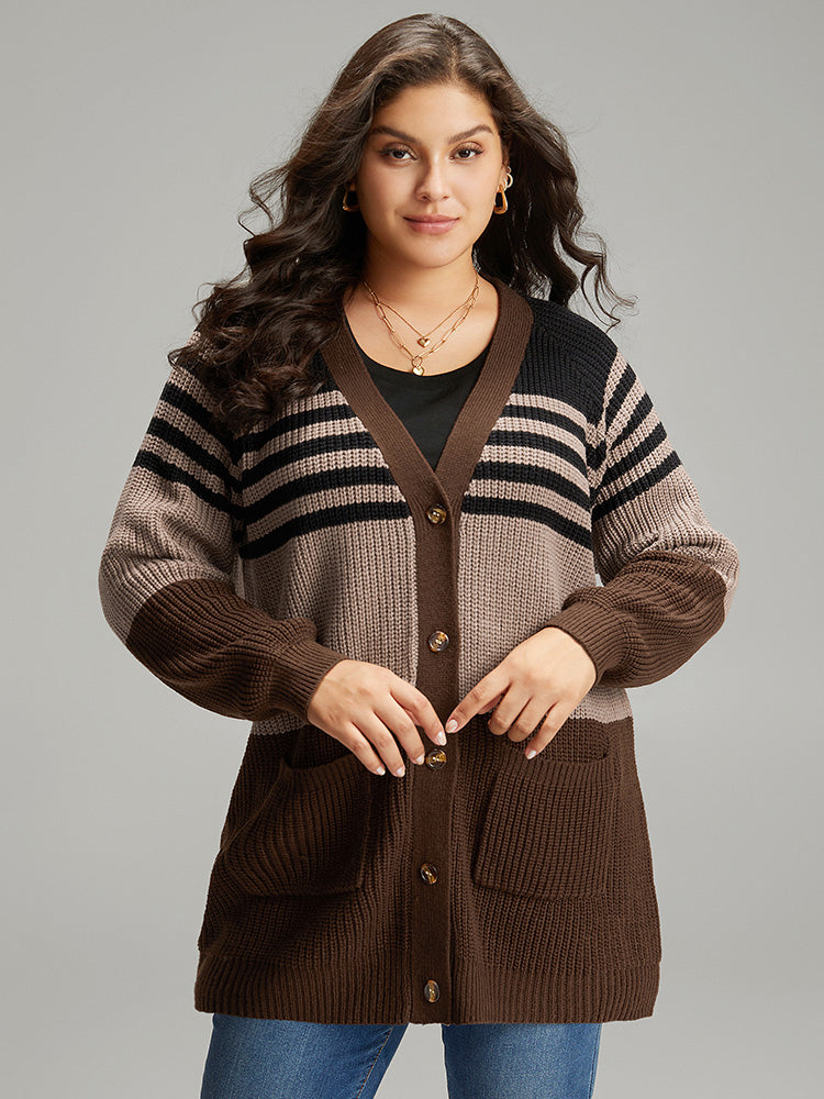 Striped Colorblock Patched Pocket Cardigan