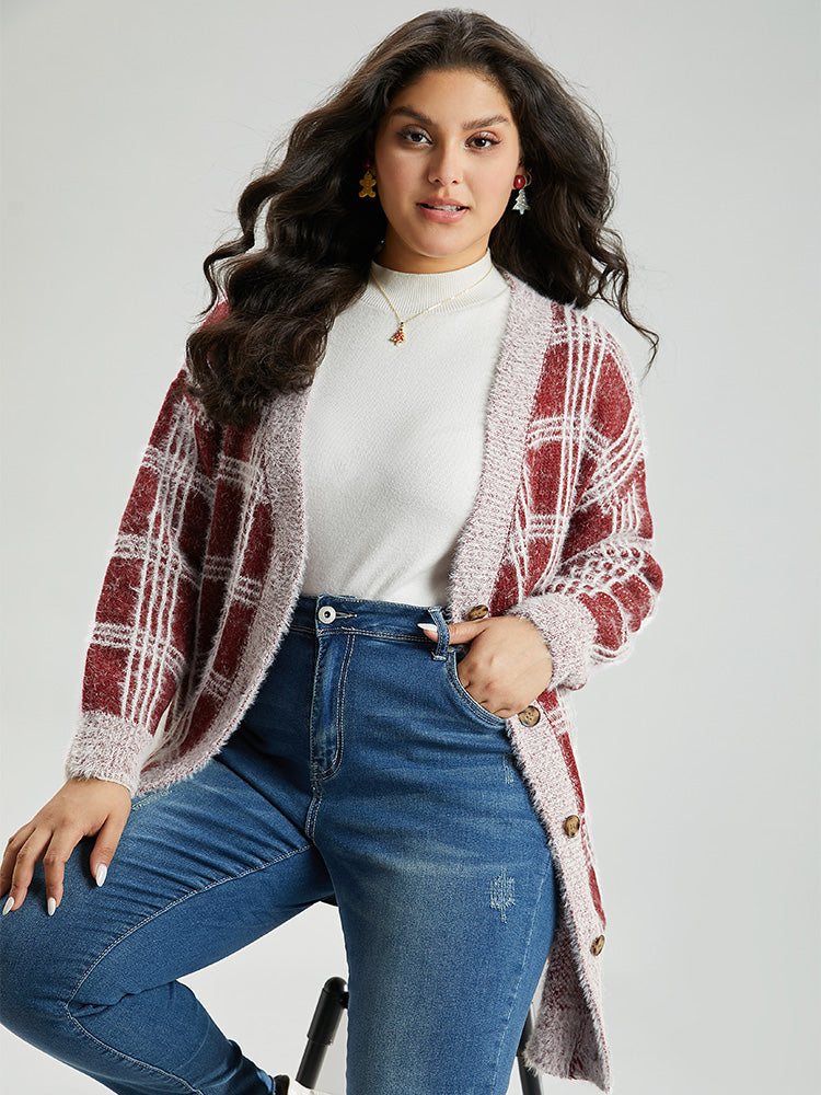 Plaid Fuzzy Heather Button Fly Tunic Cardigan