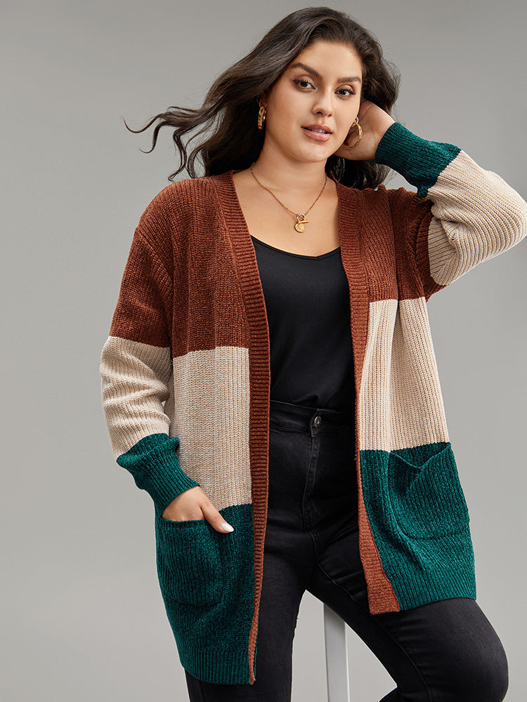 Open Front Colorblock Patched Pocket Cardigan