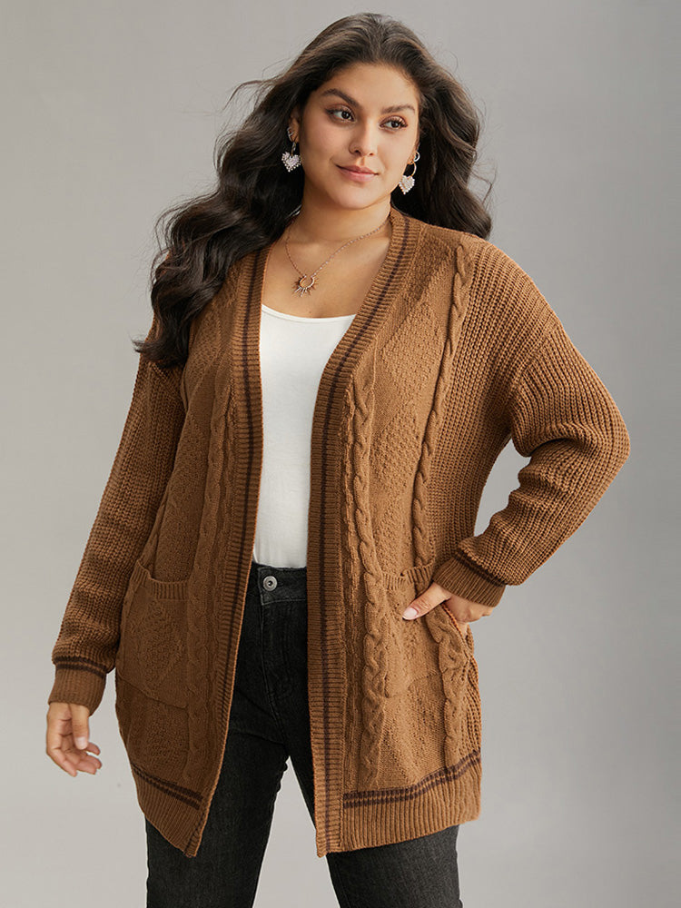 Plain Cable Knit Pocket Open Front Cardigan