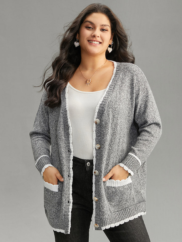 Heather Contrast Pocket Button Through Cardigan