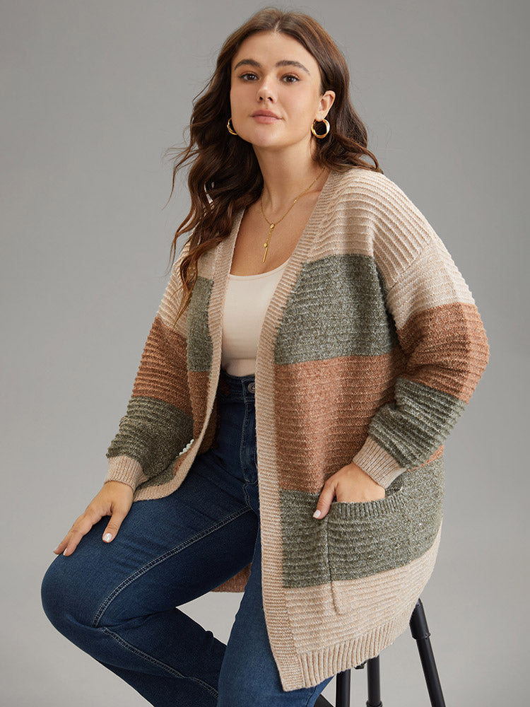 Plisse Colorblock Patched Pocket Open Front Cardigan