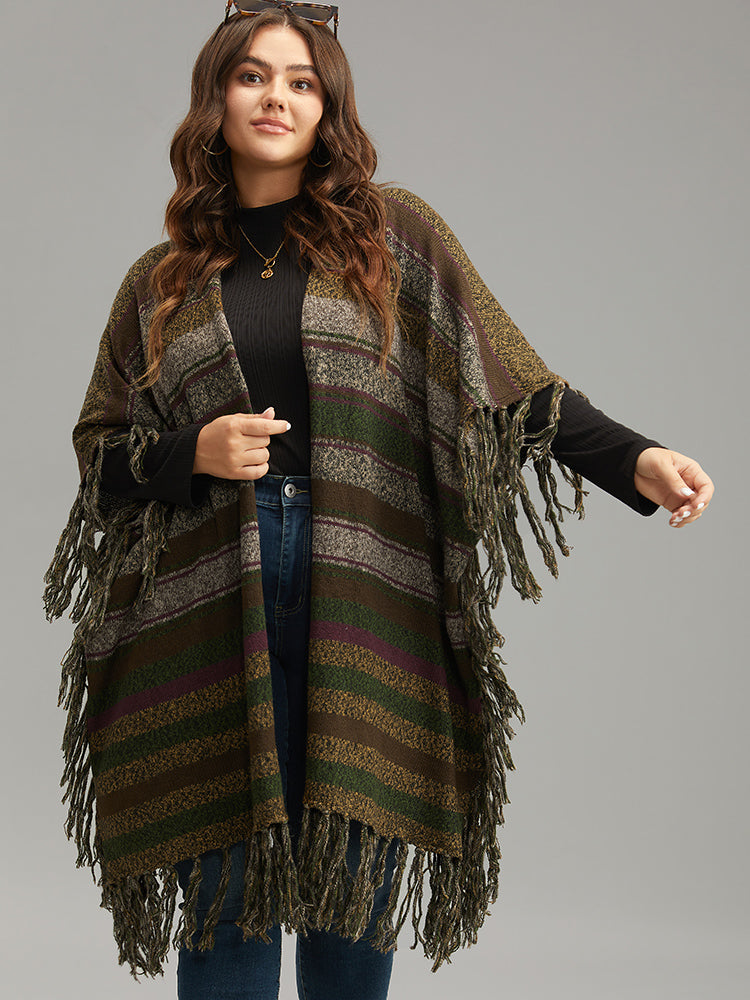 Contrast Striped Fringe Trim Drape Cardigan