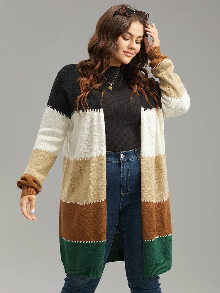 Colorblock Patchwork Elastic Cuffs Open Front Cardigan