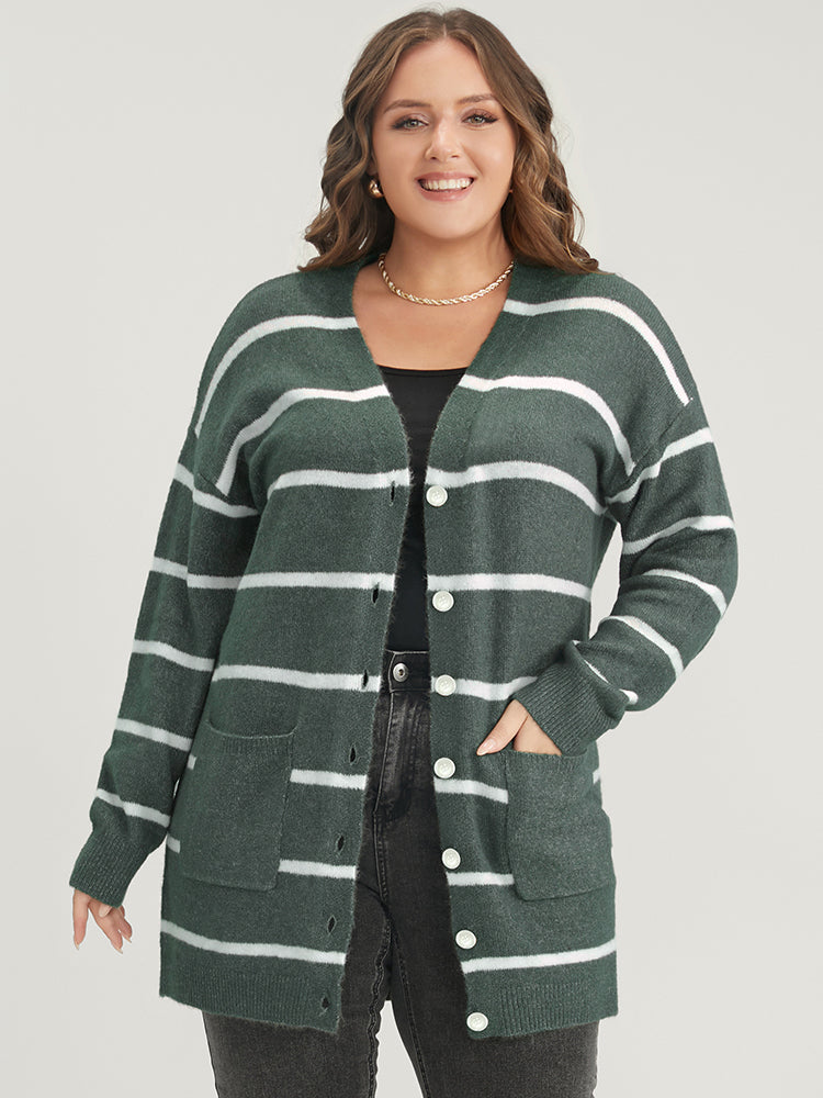 Striped Contrast Super Soft Plush Knit Pocket Button Front Cardigan