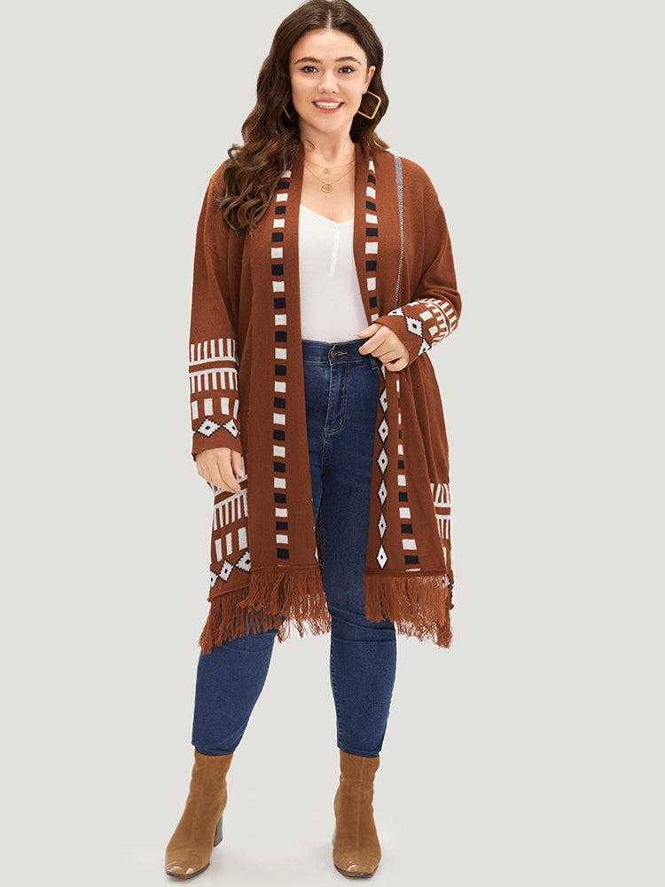 Geometric Tassel Trim Open Front Cardigan