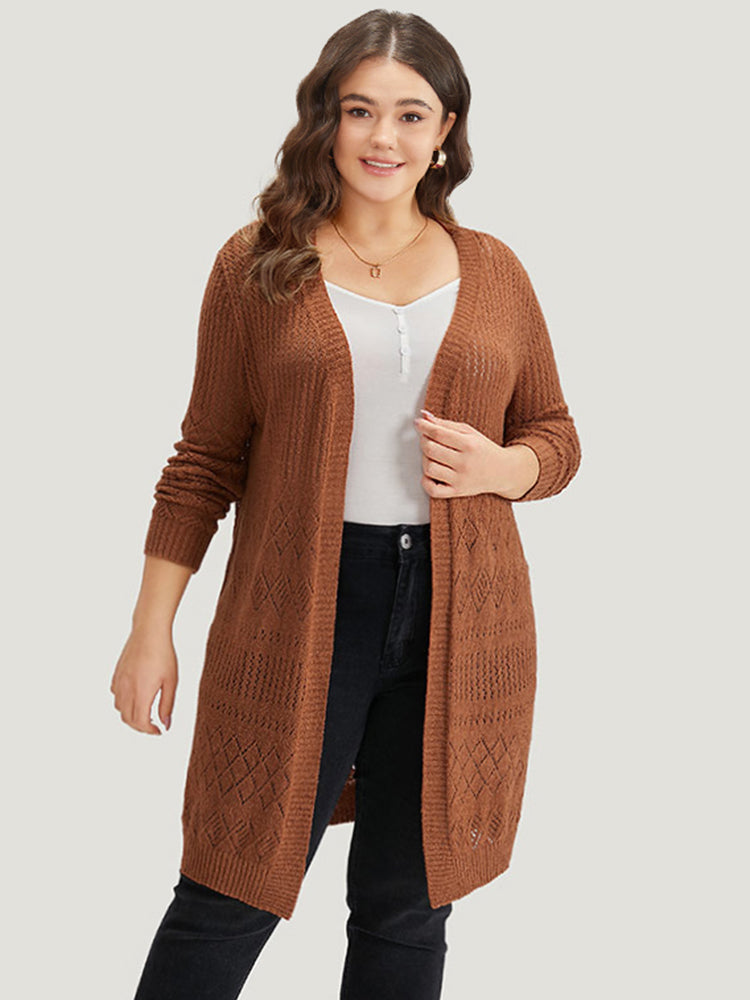 Solid Geometric Hollow Out Open Front Cardigan