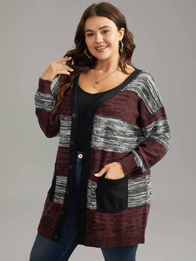 Heather Colorblock Contrast Pocket Button Through Cardigan