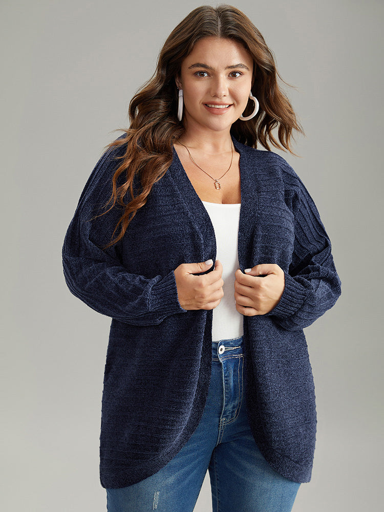 Plain Textured Dolman Sleeve Arc Hem Cardigan