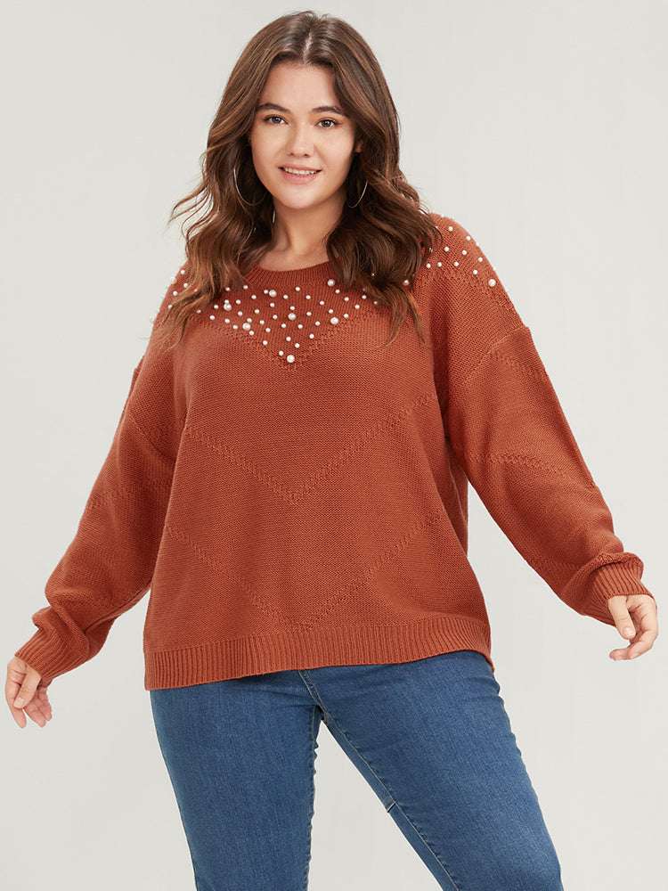 Solid Pointelle Knit Pearls Beaded Knit Top