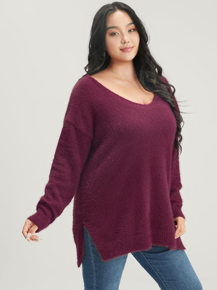 Solid Super Soft Plush Knit Split Hem Heather Knit Top