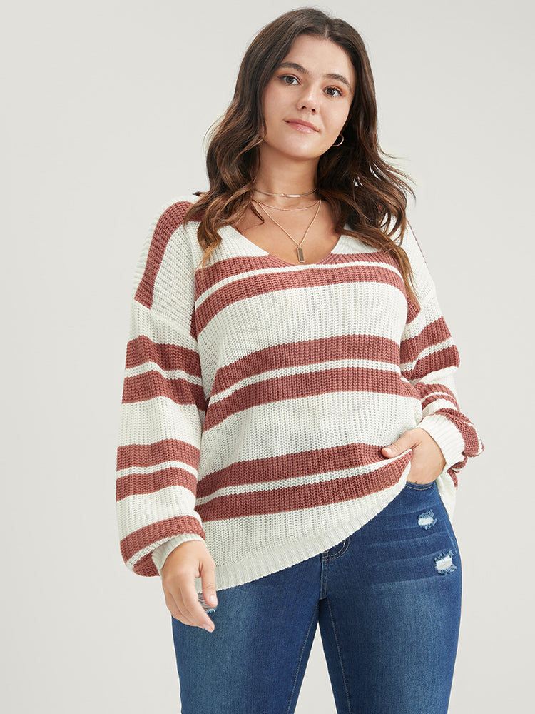 Striped Contrast Pointelle Knit Lantern Sleeve Knit Top