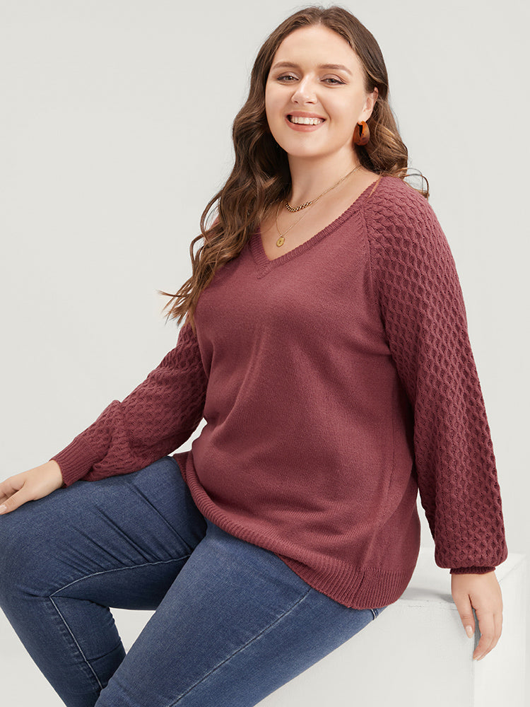 Solid Pointelle Knit Lantern Sleeve Knit Top