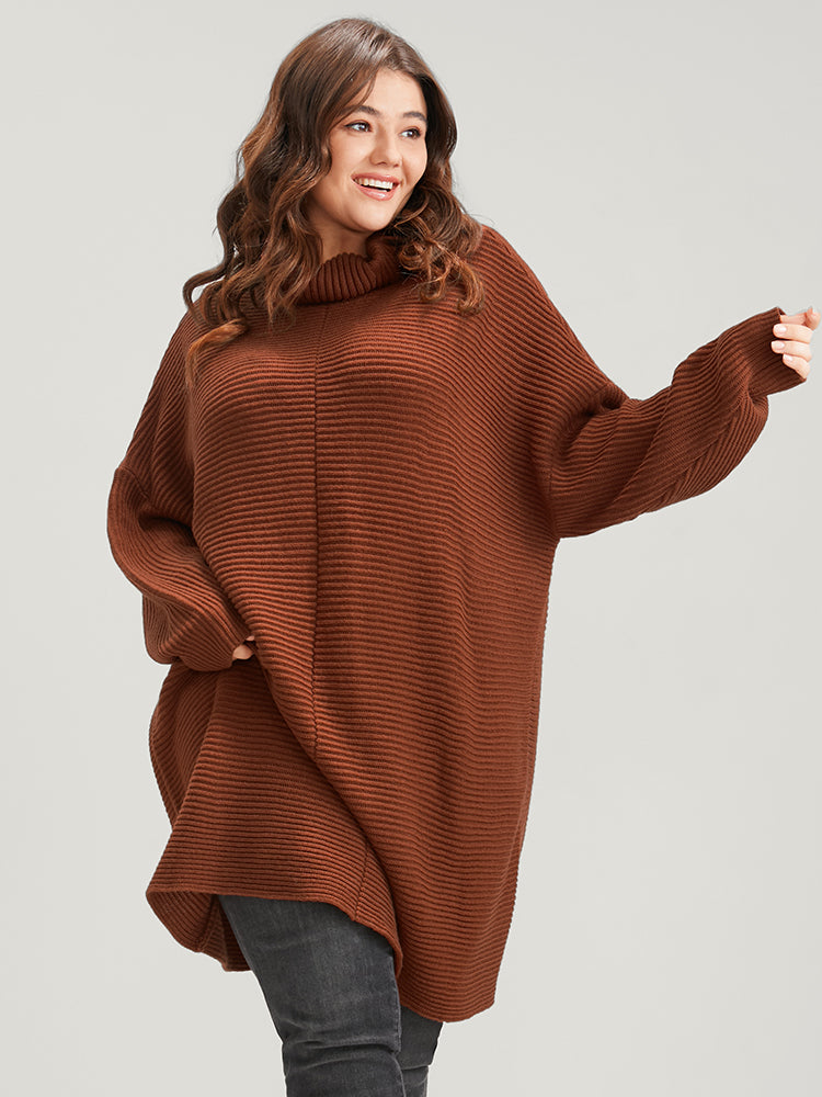 Solid Pointelle Knit Dolman Sleeve Funnel Neck Knit Top