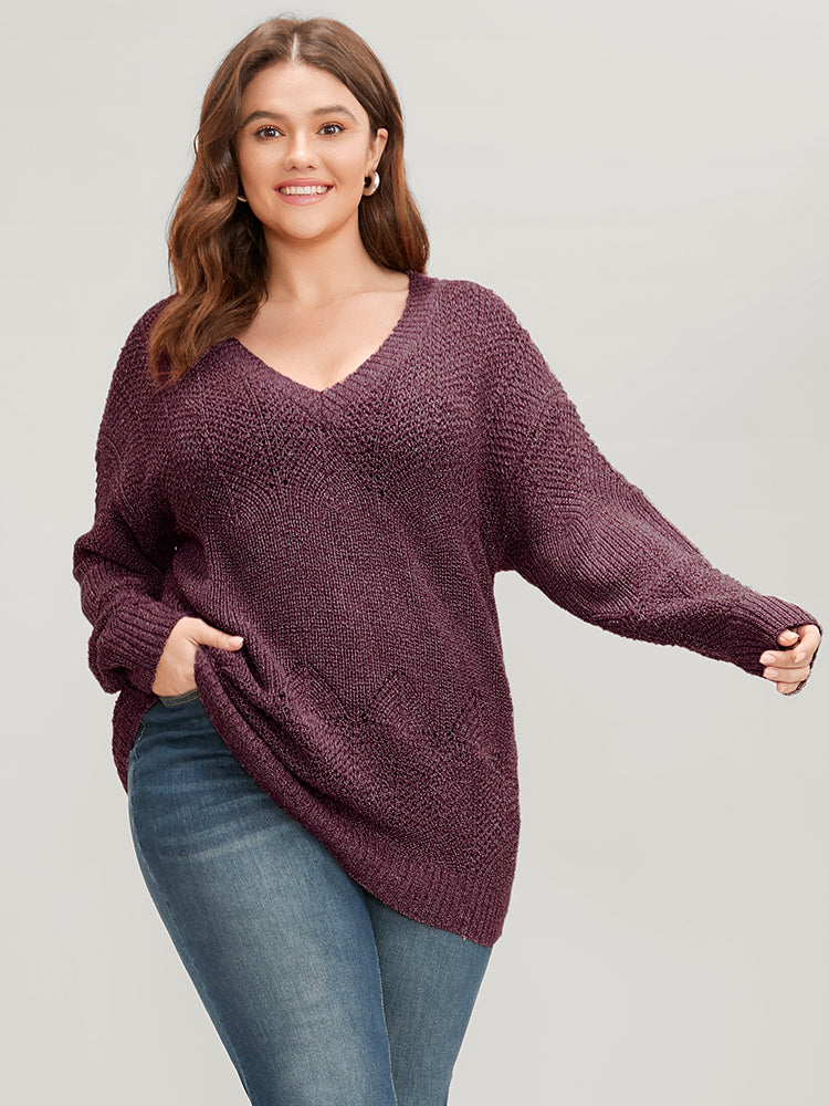 Solid Pointelle Knit Eyelet V Neck Heather Knit Top