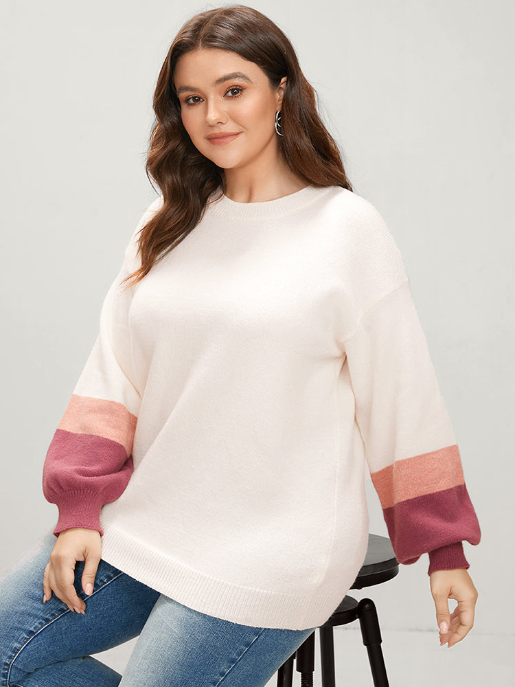 Colorblock Contrast Soft Pointelle Knit Lantern Sleeve Knit Top