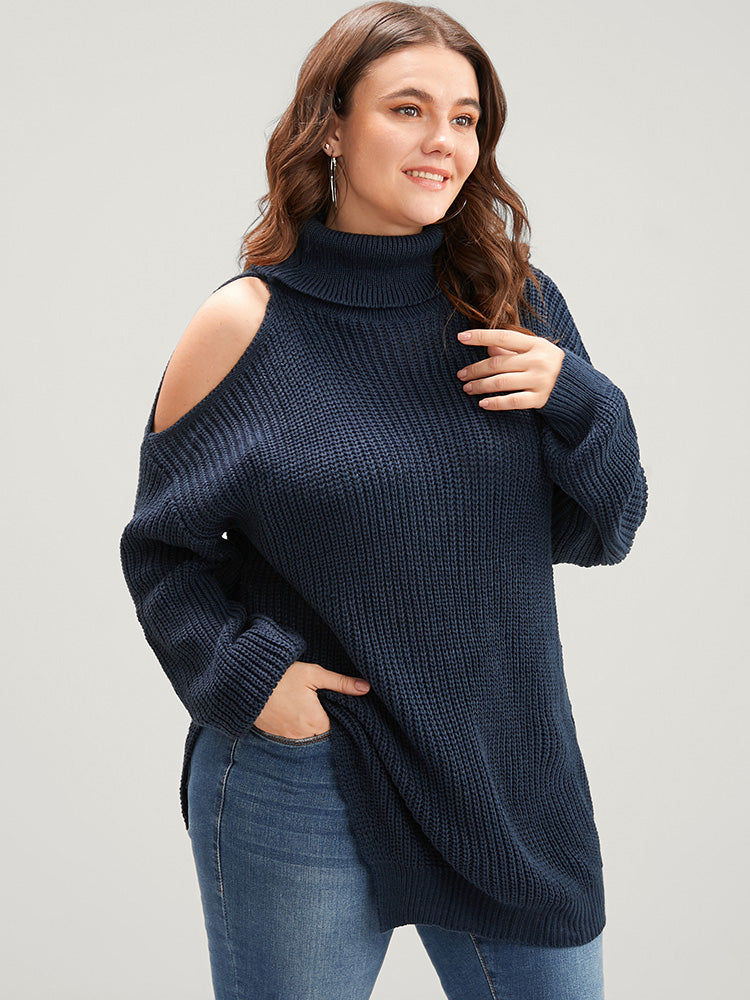 Solid Pointelle Knit Cut Out Funnel Neck Split Knit Top