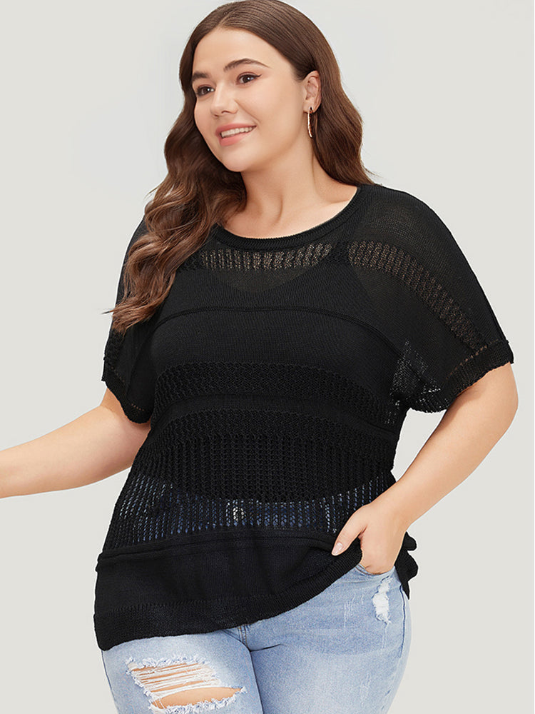 Plain Geometric Eyelet Patchwork Batwing Sleeve Pullover