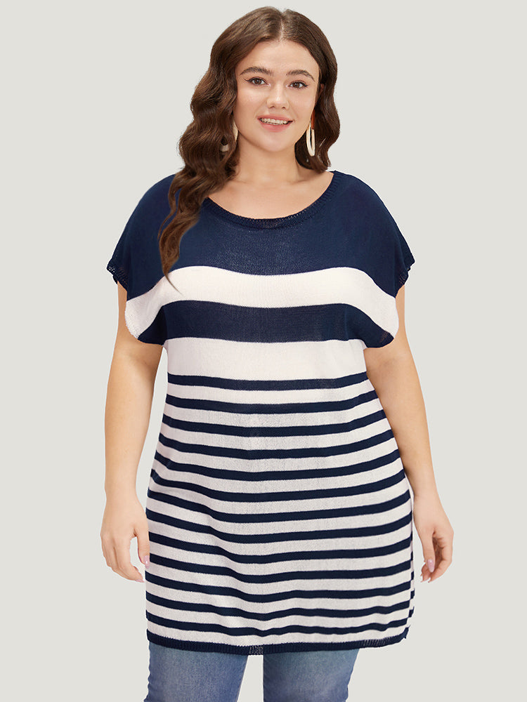 Striped Contrast Boat Neck Cap Sleeve Pullover