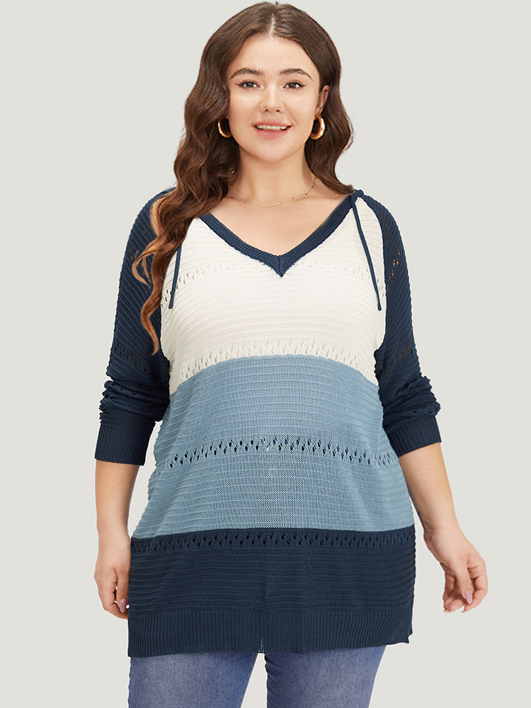 Colorblock Hooded Raglan Sleeve Eyelet Pullover