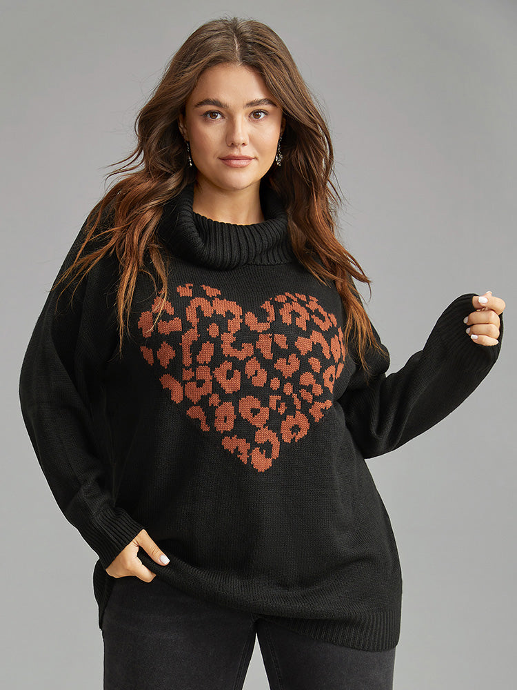 Hreat Print Contrast Turtle Neck Pullover