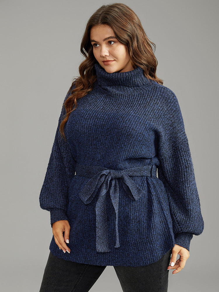 Turtle Neck Belted Drop Shoulder Pullover