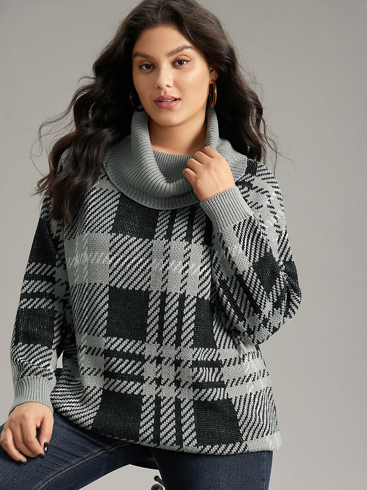 Plaid Turtle Neck Drop Shoulder Pullover