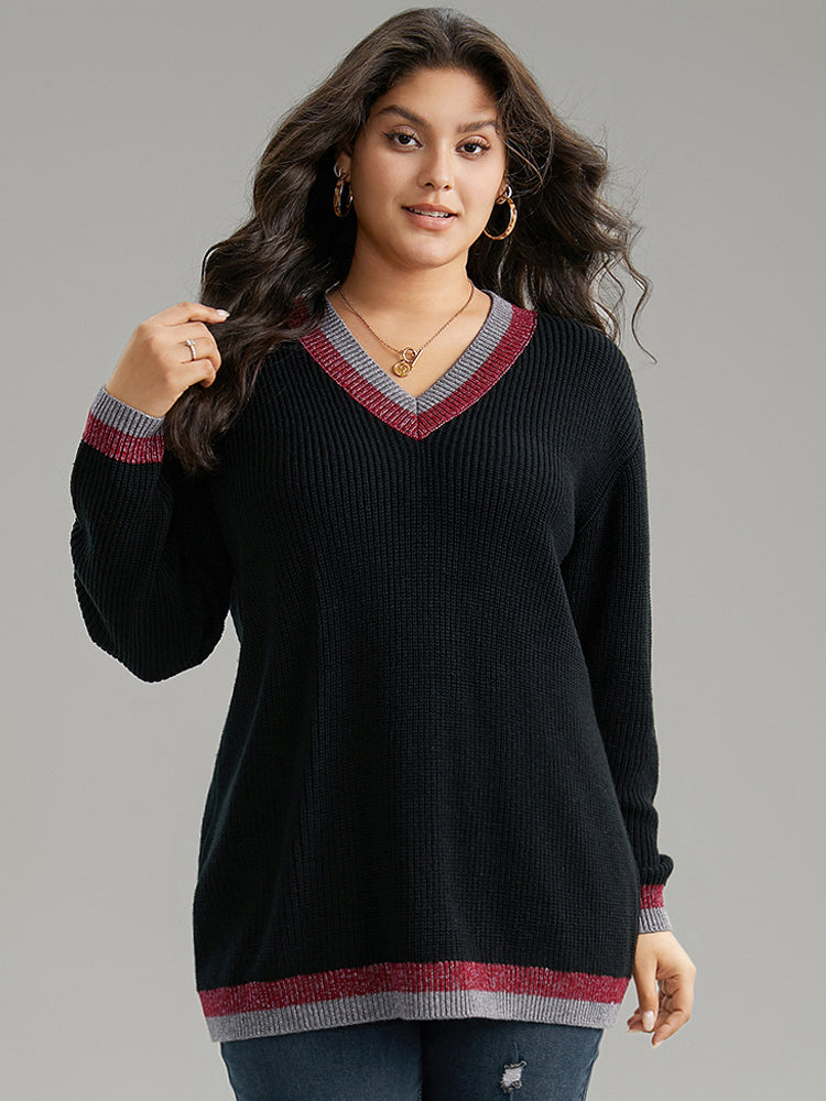 Two Tone Trim V Neck Plisse Pullover