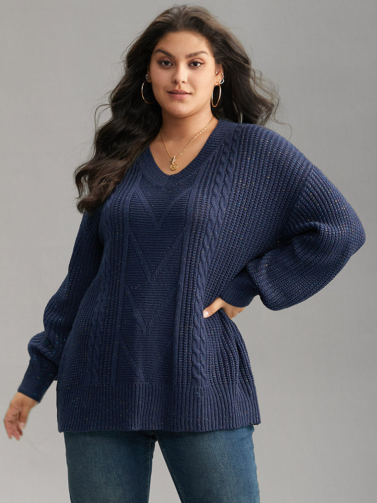 Cable Knit Lurex V Neck Pullover