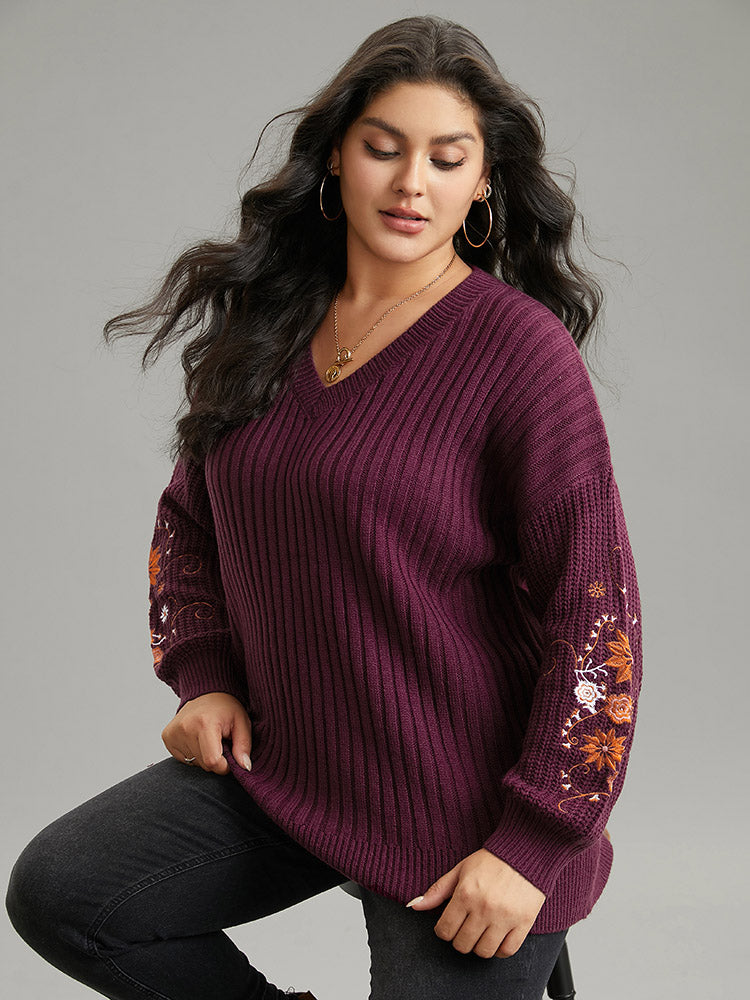 Floral Embroidered Plisse Drop Shoulder Pullover