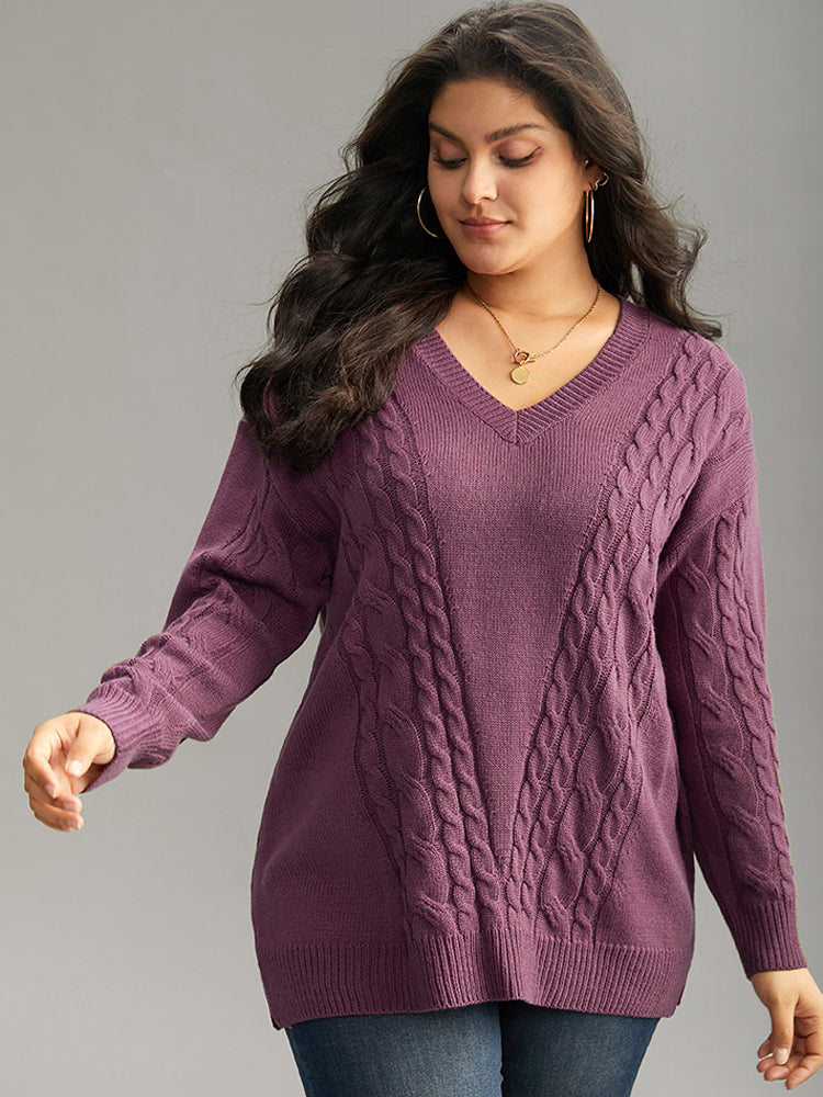 Solid Cable Knit V Neck Split Side Pullover