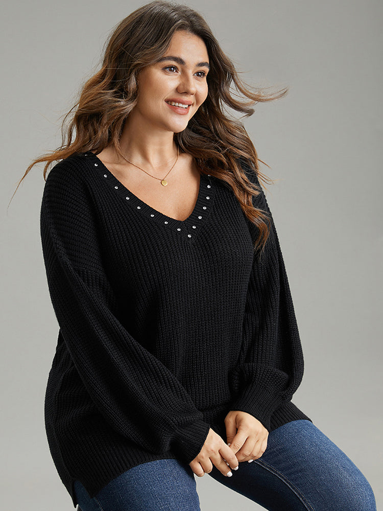 Rhinestone V Neck Drop Shoulder Pullover