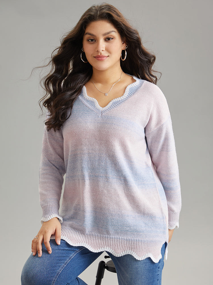 Anti-Pilling Ombre Heather Scalloped Trim Pullover