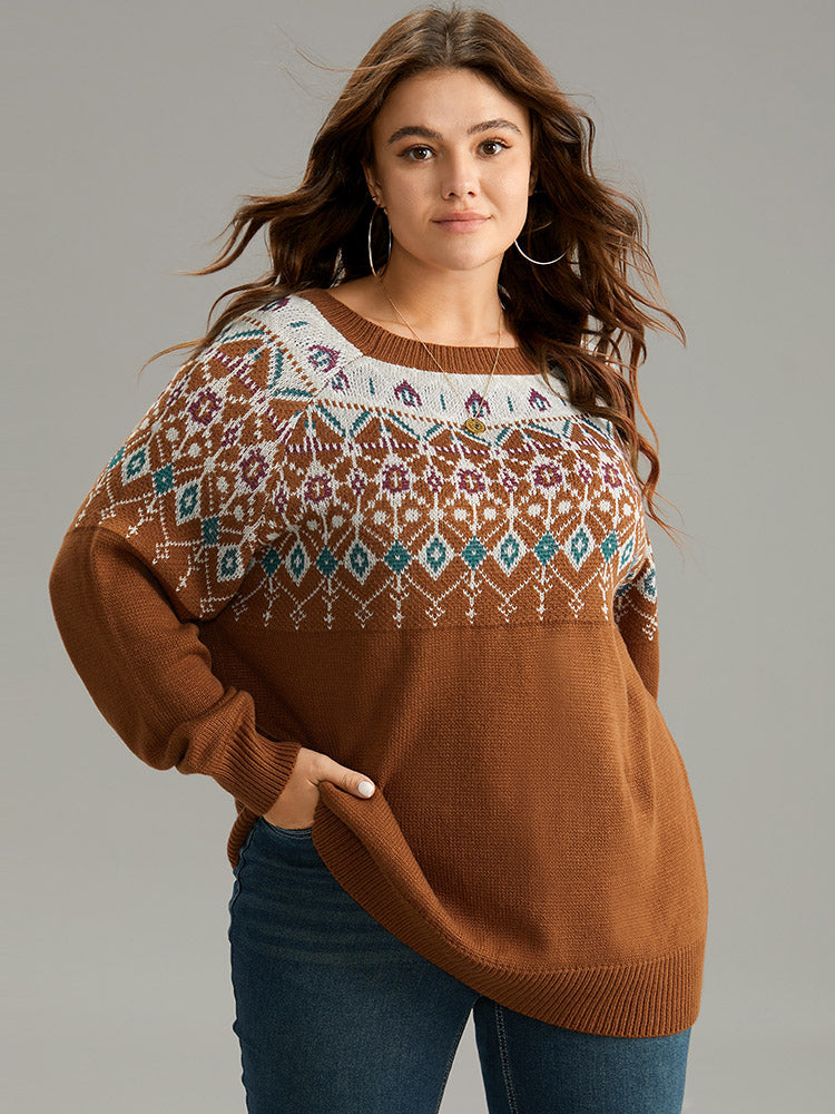 Moroccan Print Raglan Sleeve Elastic Cuffs Pullover